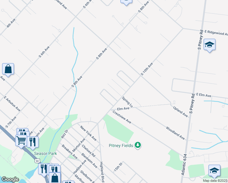 map of restaurants, bars, coffee shops, grocery stores, and more near 1107 Spring Lane in Absecon