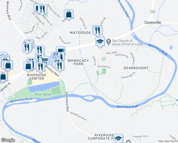 map of restaurants, bars, coffee shops, grocery stores, and more near 1808 Monocacy View Circle in Frederick