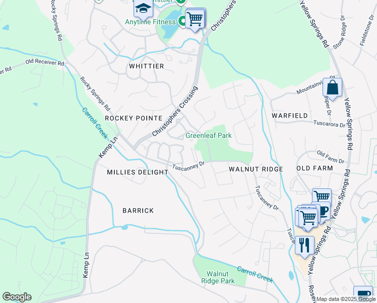 map of restaurants, bars, coffee shops, grocery stores, and more near 2504 Catoctin Court in Frederick