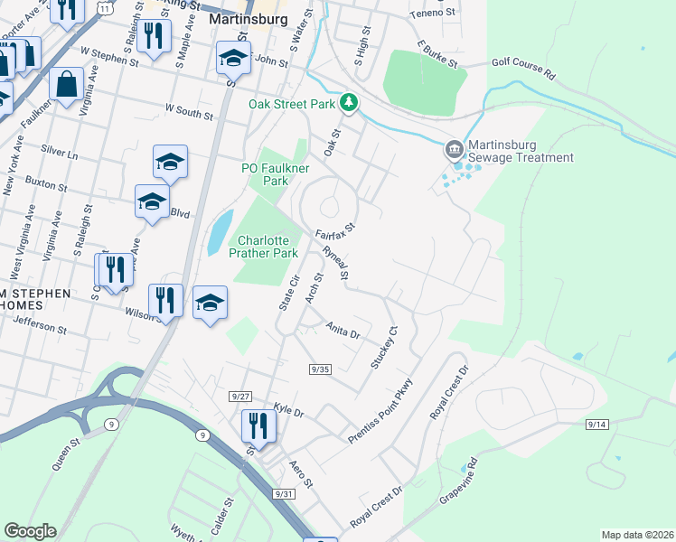 map of restaurants, bars, coffee shops, grocery stores, and more near 94 Ryneal Street in Martinsburg