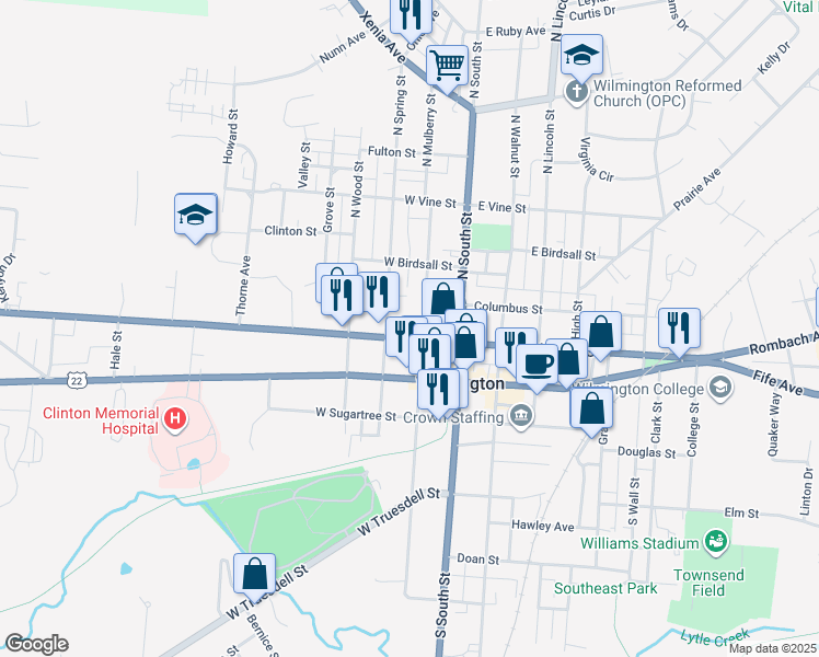 map of restaurants, bars, coffee shops, grocery stores, and more near 117 West Locust Street in Wilmington
