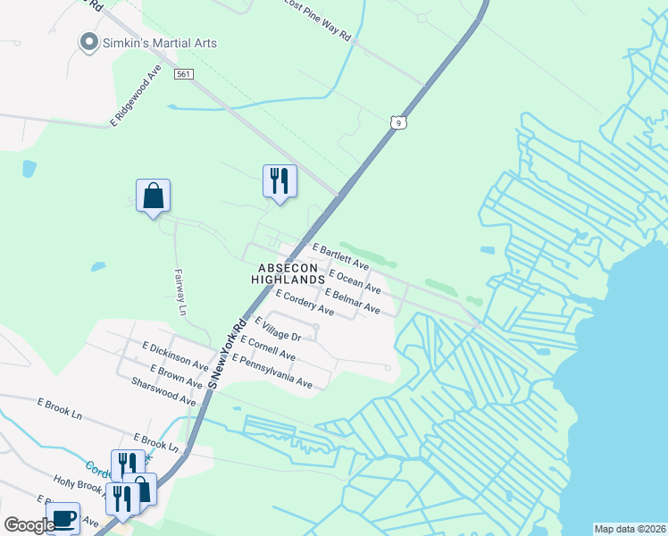 map of restaurants, bars, coffee shops, grocery stores, and more near 709 East Ocean Avenue in Galloway