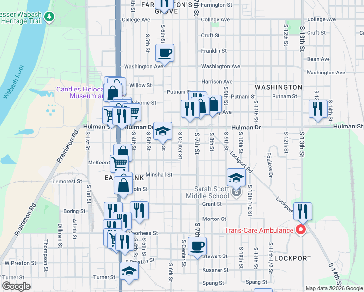 map of restaurants, bars, coffee shops, grocery stores, and more near 1806 South Center Street in Terre Haute