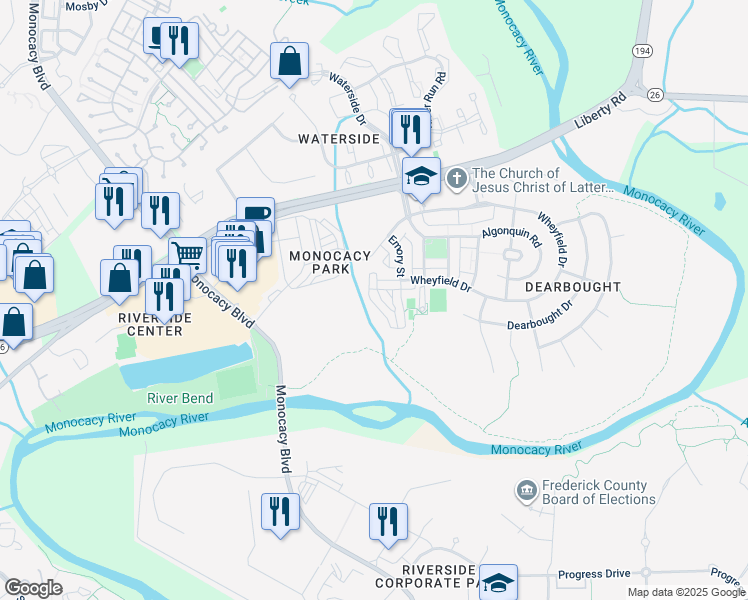 map of restaurants, bars, coffee shops, grocery stores, and more near 1806 Monocacy View Circle in Frederick