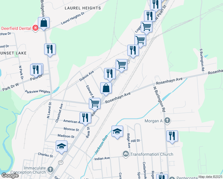 map of restaurants, bars, coffee shops, grocery stores, and more near 683 North Pearl Street in Bridgeton