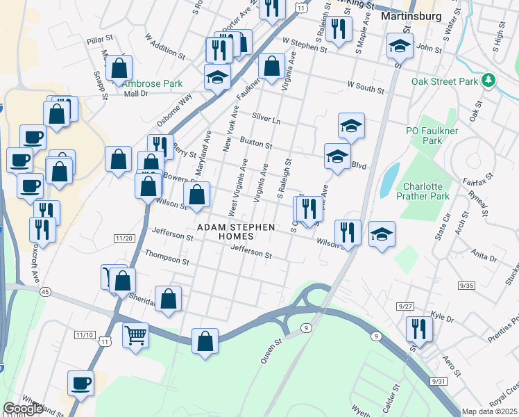 map of restaurants, bars, coffee shops, grocery stores, and more near 1006 Virginia Avenue in Martinsburg