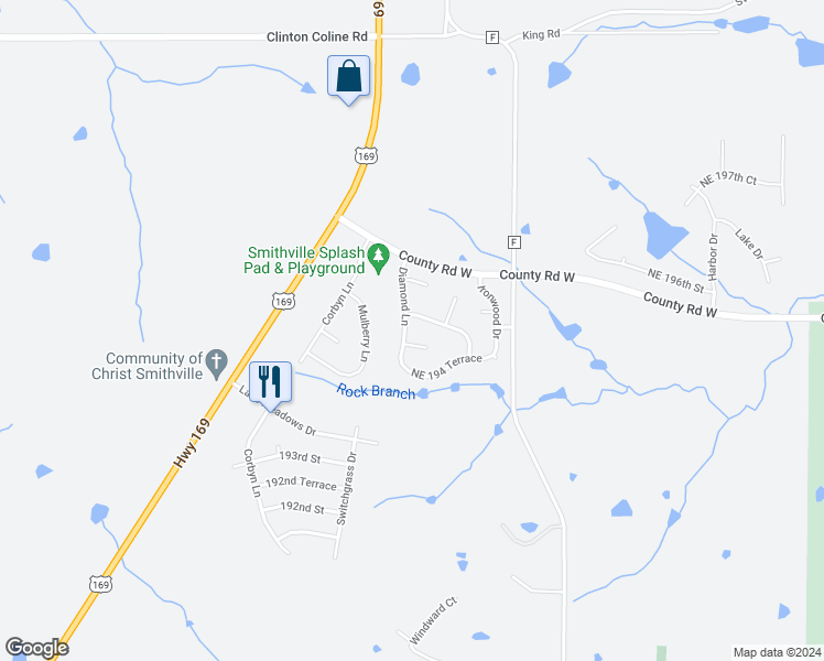 map of restaurants, bars, coffee shops, grocery stores, and more near 19403 Diamond Lane in Smithville