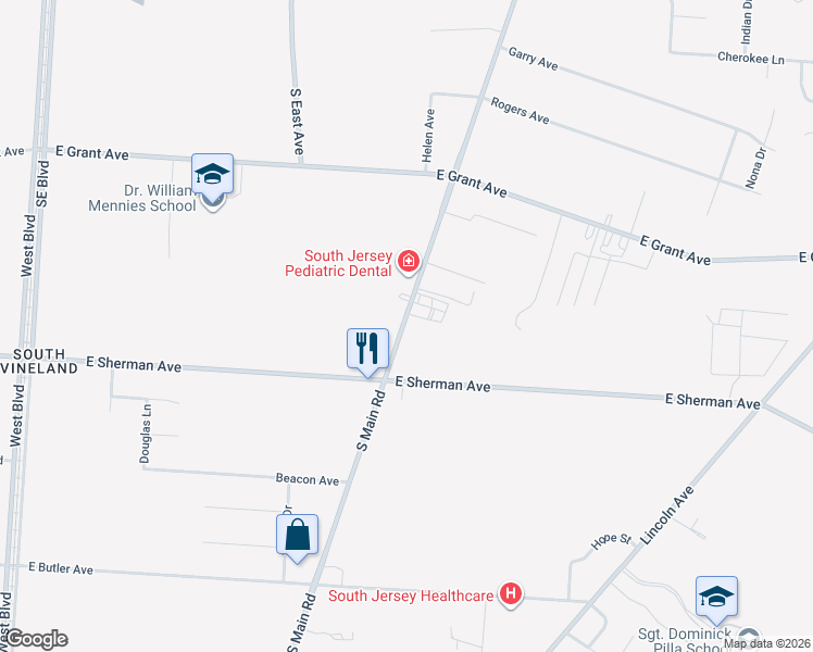 map of restaurants, bars, coffee shops, grocery stores, and more near 2653 South Main Road in Vineland