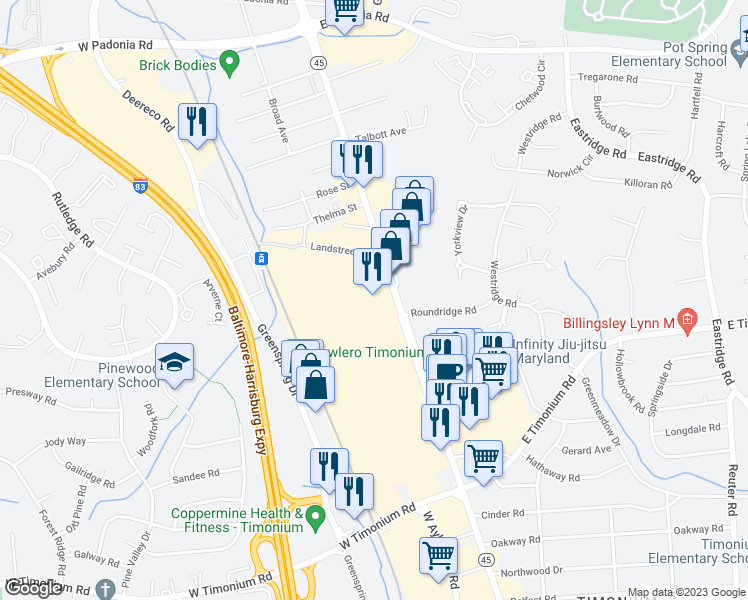 map of restaurants, bars, coffee shops, grocery stores, and more near 2200 York Road in Lutherville-Timonium