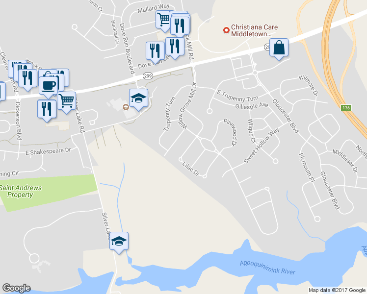map of restaurants, bars, coffee shops, grocery stores, and more near 506 Lilac Drive in Middletown