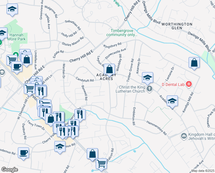 map of restaurants, bars, coffee shops, grocery stores, and more near 234 Highfalcon Road in Reisterstown