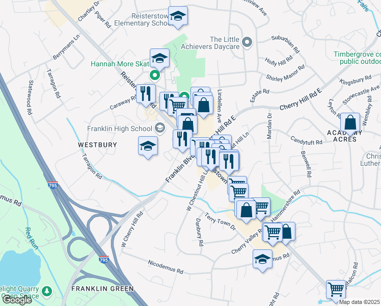 map of restaurants, bars, coffee shops, grocery stores, and more near 11900 Reisterstown Road in Reisterstown