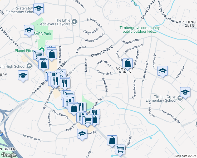 map of restaurants, bars, coffee shops, grocery stores, and more near 98 Ridgelawn Road in Reisterstown