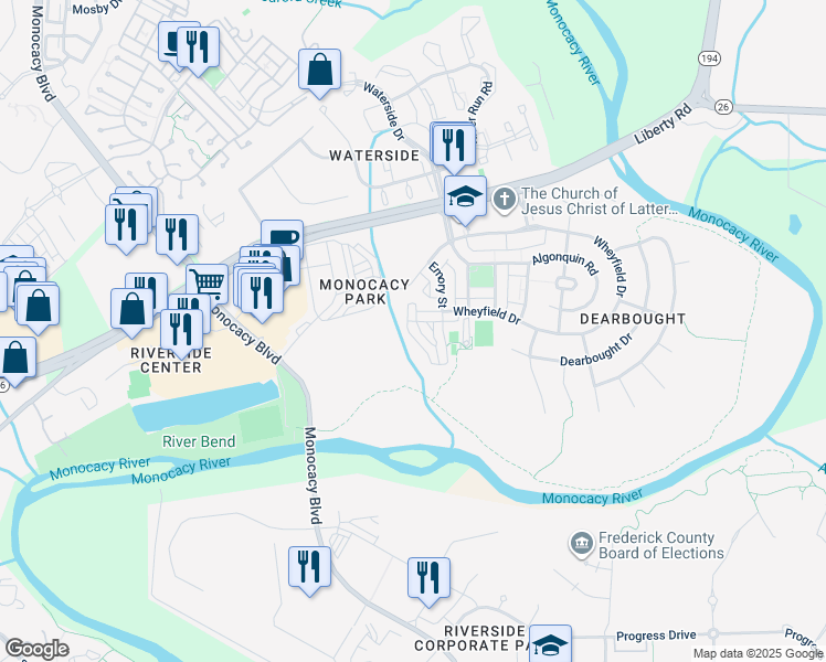 map of restaurants, bars, coffee shops, grocery stores, and more near 1804 Monocacy View Circle in Frederick