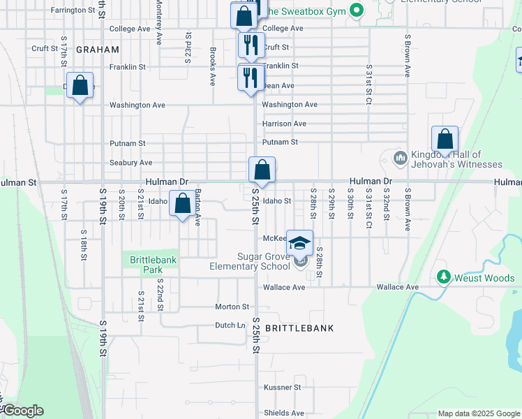 map of restaurants, bars, coffee shops, grocery stores, and more near 1806 South 25th Street in Terre Haute