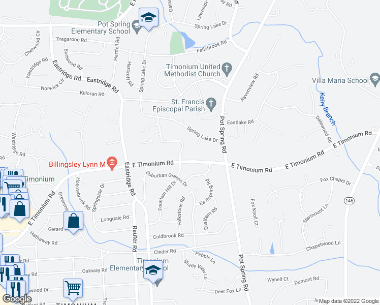 map of restaurants, bars, coffee shops, grocery stores, and more near 7 Bird Hill Court in Lutherville-Timonium
