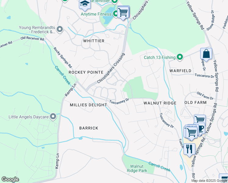 map of restaurants, bars, coffee shops, grocery stores, and more near 2505 Shelley Circle in Frederick