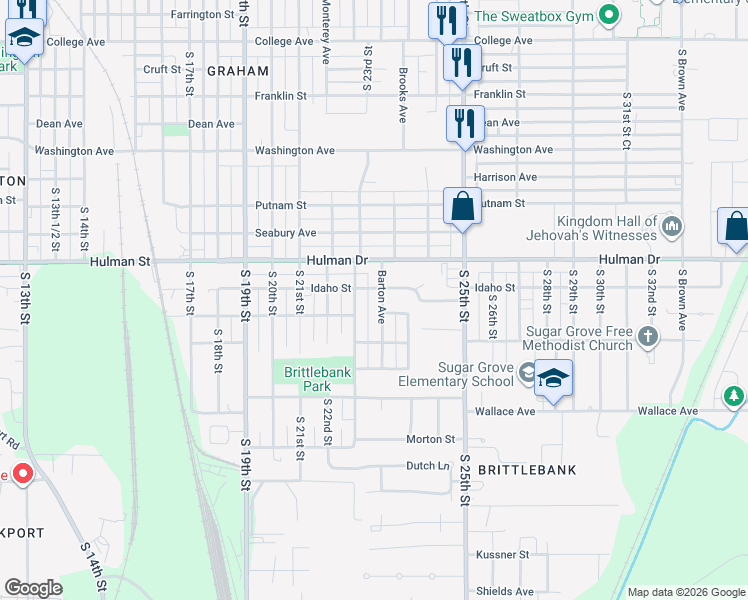 map of restaurants, bars, coffee shops, grocery stores, and more near 1801-1899 Barton Avenue in Terre Haute
