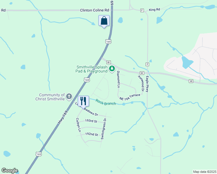 map of restaurants, bars, coffee shops, grocery stores, and more near 19401 Mulberry Lane in Smithville