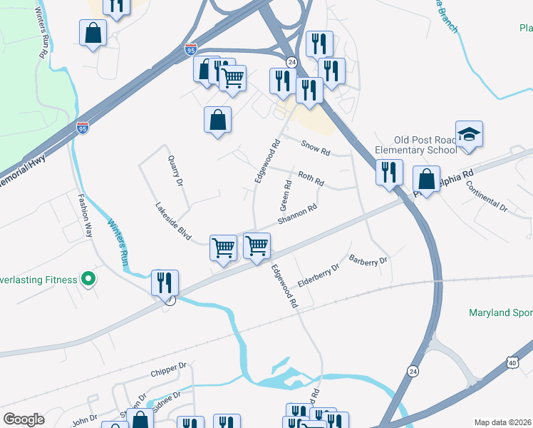 map of restaurants, bars, coffee shops, grocery stores, and more near 2242 Snow Road in Edgewood