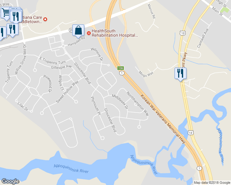 map of restaurants, bars, coffee shops, grocery stores, and more near 409 Northhampton Way in Middletown