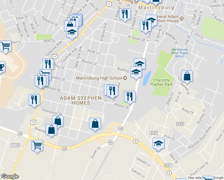map of restaurants, bars, coffee shops, grocery stores, and more near 304 Bowers Street in Martinsburg