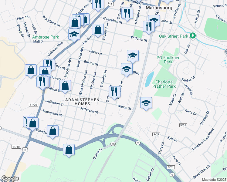 map of restaurants, bars, coffee shops, grocery stores, and more near 304 Bowers Street in Martinsburg