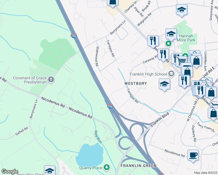 map of restaurants, bars, coffee shops, grocery stores, and more near 12101 Statewood Road in Reisterstown