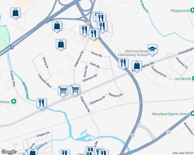 map of restaurants, bars, coffee shops, grocery stores, and more near 2309 Shannon Road in Edgewood