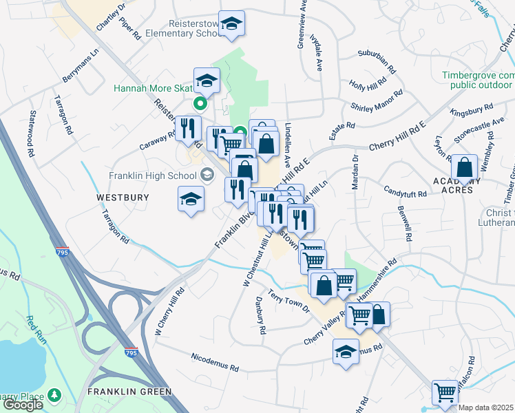 map of restaurants, bars, coffee shops, grocery stores, and more near Reisterstown Rd & Franklin Blvd in Reisterstown