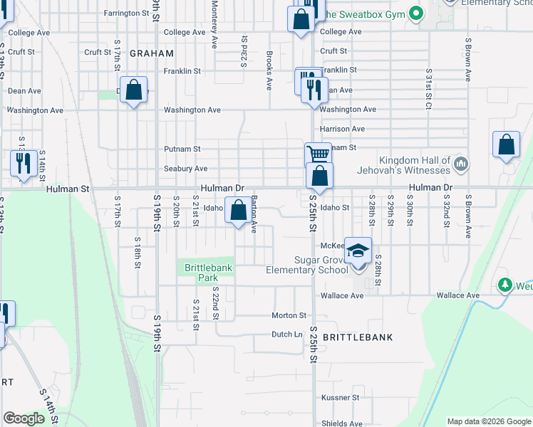 map of restaurants, bars, coffee shops, grocery stores, and more near 2403 Idaho Street in Terre Haute