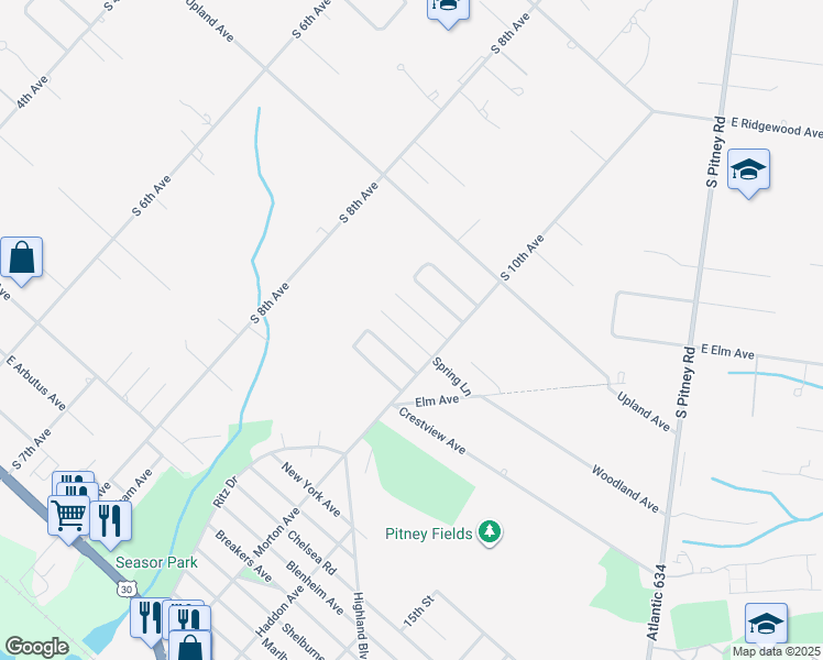 map of restaurants, bars, coffee shops, grocery stores, and more near 1107 Spring Lane in Absecon