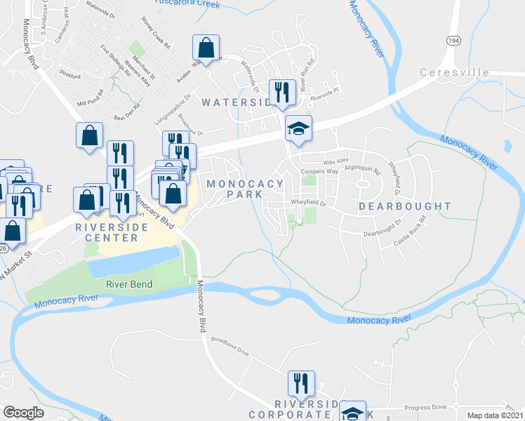 map of restaurants, bars, coffee shops, grocery stores, and more near 1800a Monocacy View Circle in Frederick