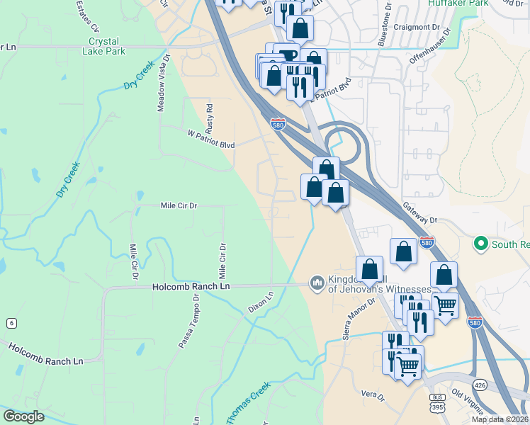 map of restaurants, bars, coffee shops, grocery stores, and more near 9805 Dixon Lane in Reno