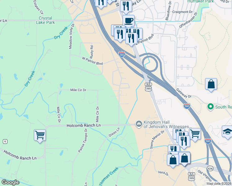 map of restaurants, bars, coffee shops, grocery stores, and more near 9805 Dixon Lane in Reno