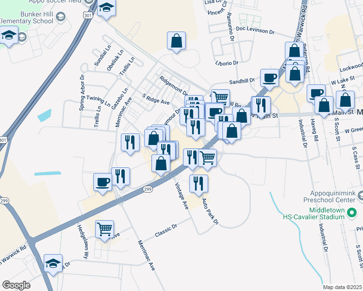 map of restaurants, bars, coffee shops, grocery stores, and more near 601 South Ridge Avenue in Middletown