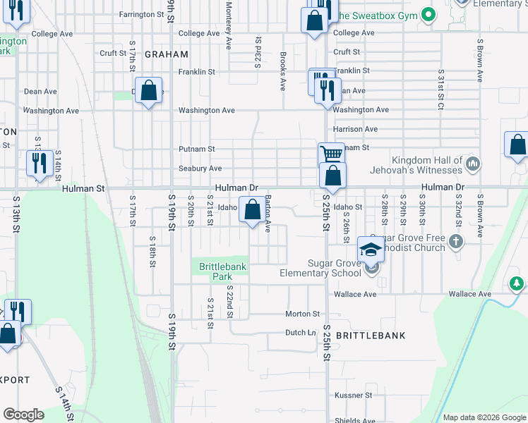 map of restaurants, bars, coffee shops, grocery stores, and more near 1801 Barton Avenue in Terre Haute