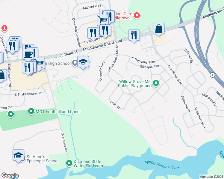 map of restaurants, bars, coffee shops, grocery stores, and more near 506 Lilac Drive in Middletown