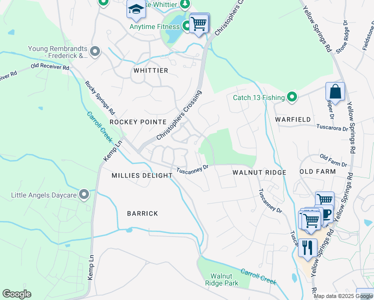 map of restaurants, bars, coffee shops, grocery stores, and more near 2505 Shelley Circle in Frederick