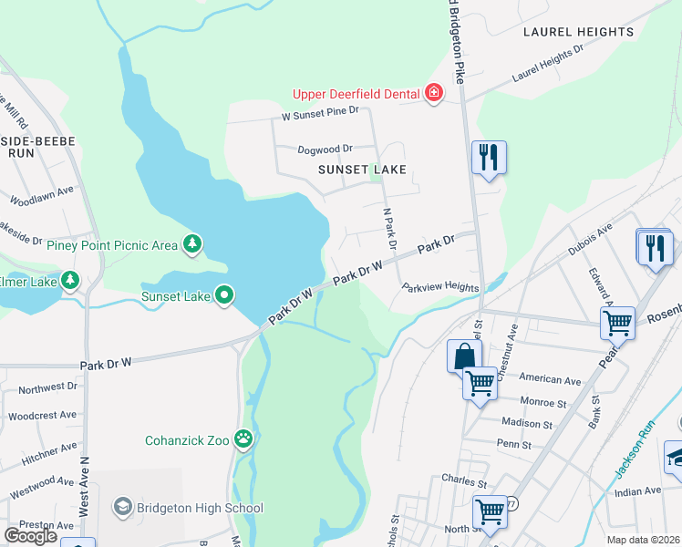 map of restaurants, bars, coffee shops, grocery stores, and more near 53 Park Drive in Millville