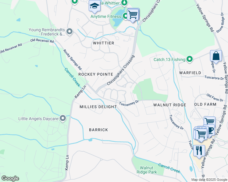 map of restaurants, bars, coffee shops, grocery stores, and more near 2509 Shelley Circle in Frederick