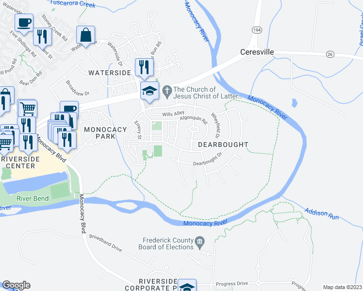 map of restaurants, bars, coffee shops, grocery stores, and more near 1750 Wheyfield Drive in Frederick