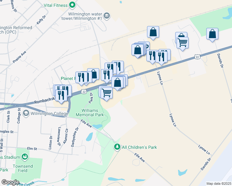 map of restaurants, bars, coffee shops, grocery stores, and more near 1244 Rombach Avenue in Wilmington