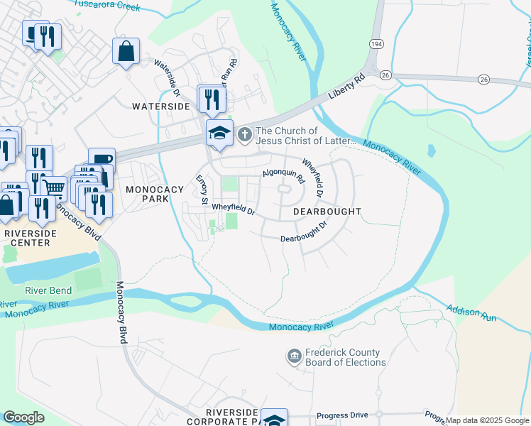 map of restaurants, bars, coffee shops, grocery stores, and more near 1750 Wheyfield Drive in Frederick