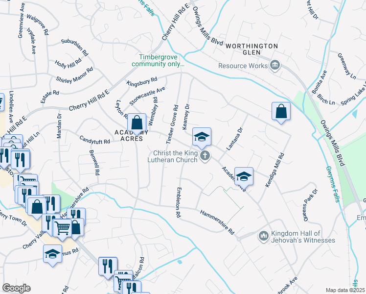 map of restaurants, bars, coffee shops, grocery stores, and more near 409 Academy Avenue in Owings Mills