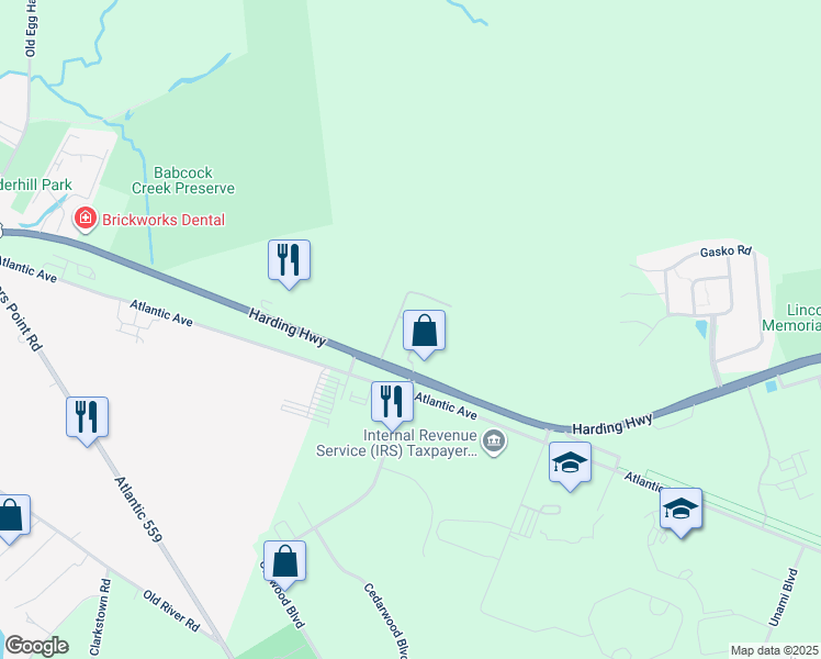 map of restaurants, bars, coffee shops, grocery stores, and more near 5303 Harding Highway in Hamilton Township