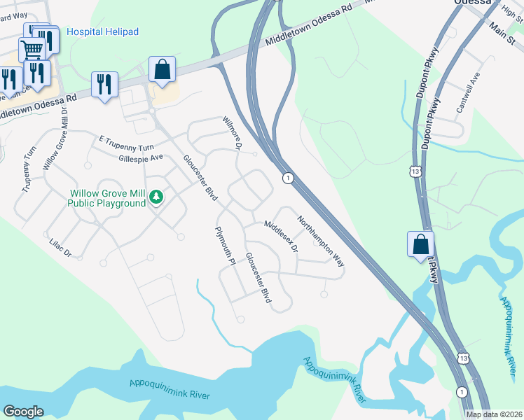 map of restaurants, bars, coffee shops, grocery stores, and more near 409 Northhampton Way in Middletown