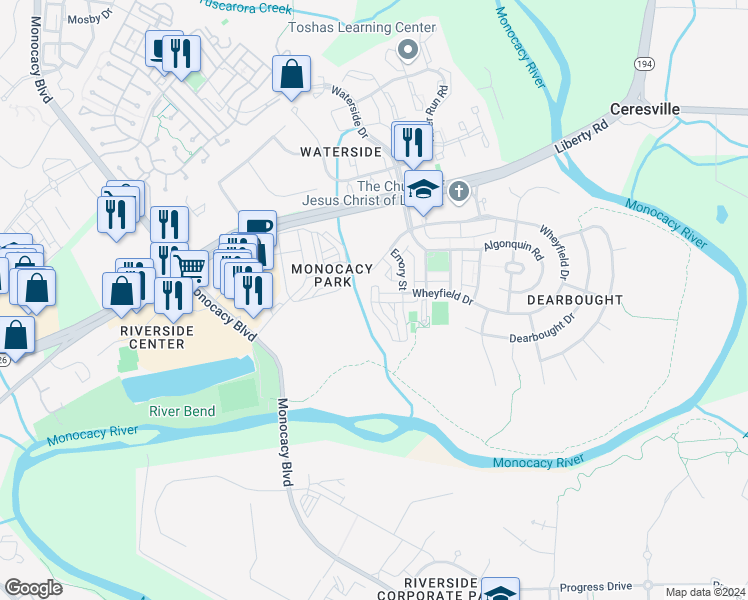 map of restaurants, bars, coffee shops, grocery stores, and more near 1830B Wheyfield Drive in Frederick