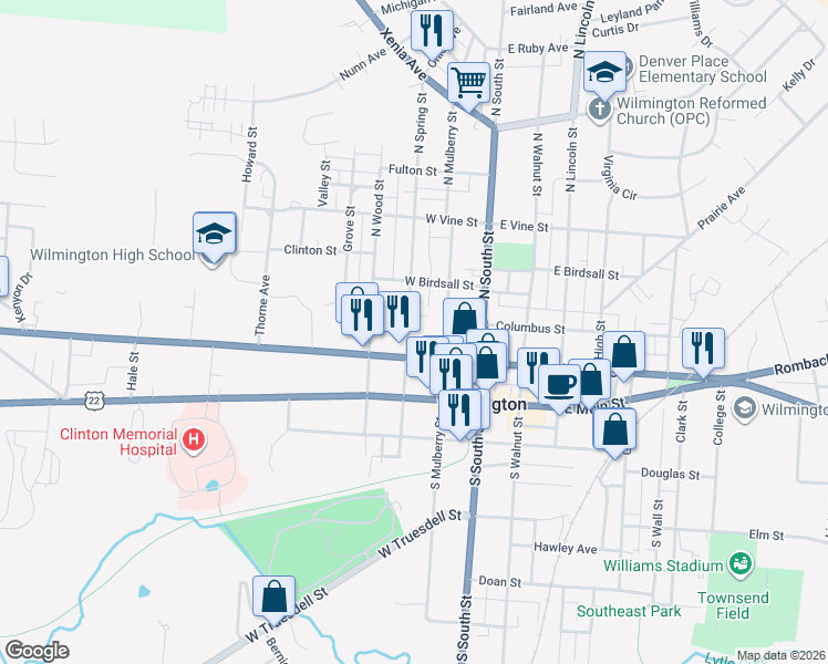 map of restaurants, bars, coffee shops, grocery stores, and more near 117 West Locust Street in Wilmington