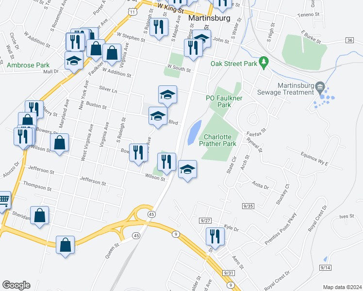 map of restaurants, bars, coffee shops, grocery stores, and more near 726 South Queen Street in Martinsburg